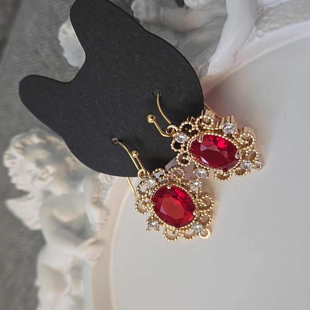 Petite French Hook Victorian Earrings In Red, NWT - Picture 6 of 6